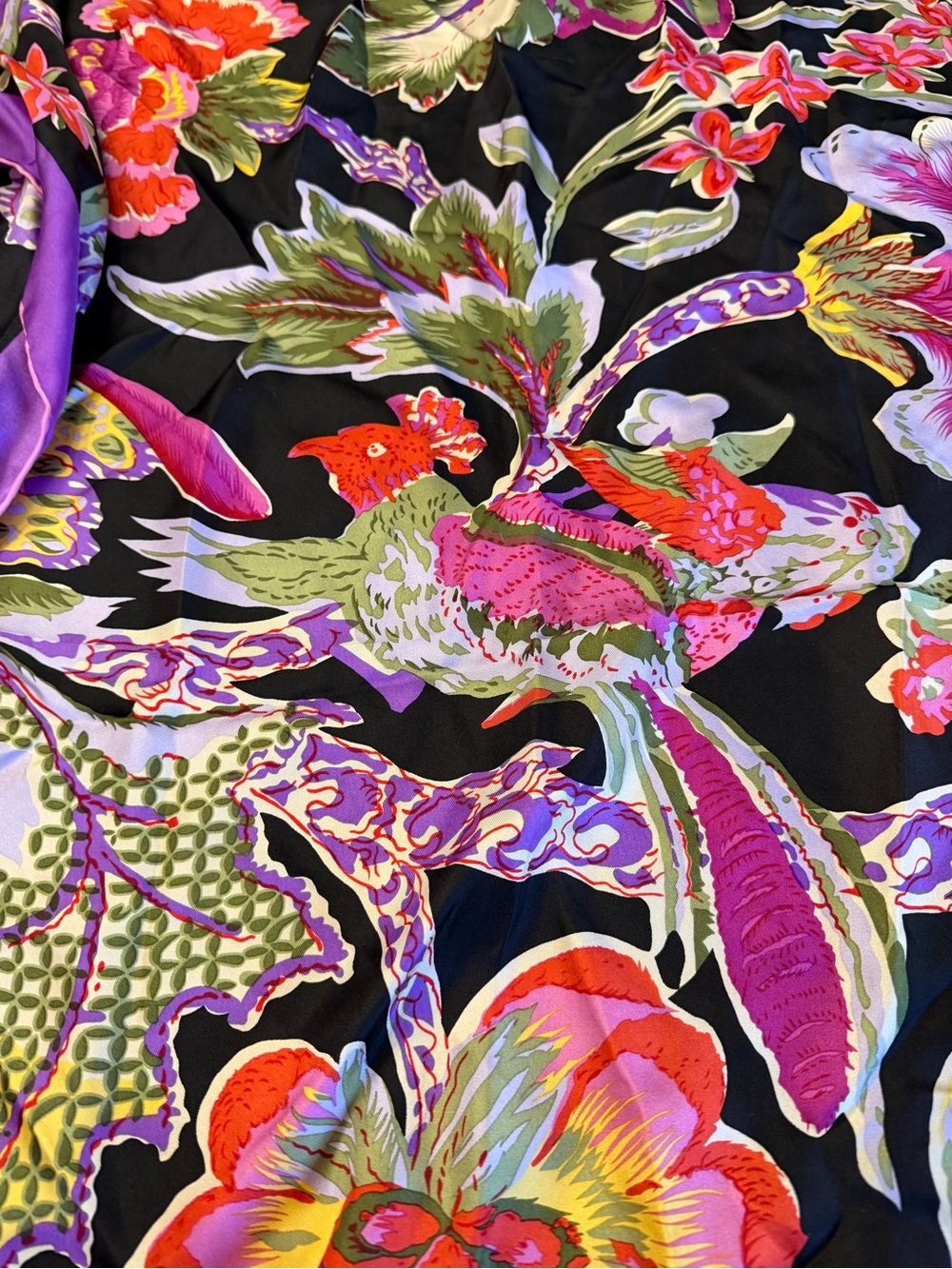 Vintage Ralph Lauren Black Tropical Birds Silk Scarf with Purple Border 90's - Picture 3 of 8